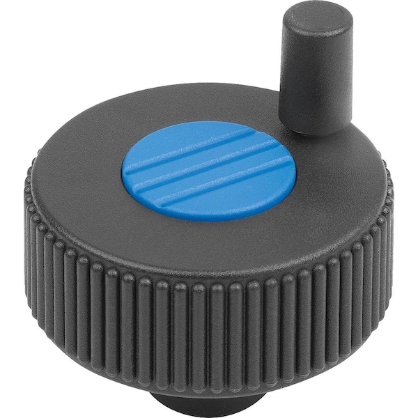 Knurled Knob W Handle Size:2, D1=50, Form:H, Plastic Black, Comp:Steel Cap:Blue , D=6H8, H=36
